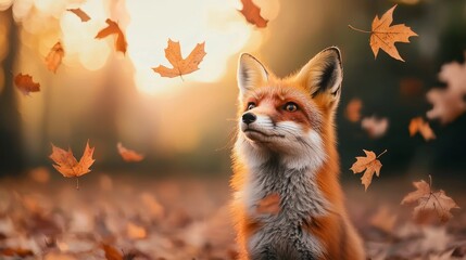 Naklejka premium Fox with autumn leaves, serene expression, nature background