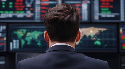 Fototapeta premium Investors reviewing global market performance, digital screens, modern office, global financial strategy, capital expansion