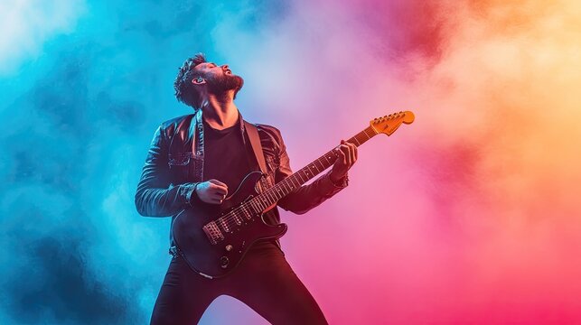 A passionate musician performs on stage, surrounded by colorful smoke. The intense atmosphere captures the essence of live music.