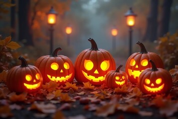 Halloween Pumpkins with Glowing Faces in the Fall Evening