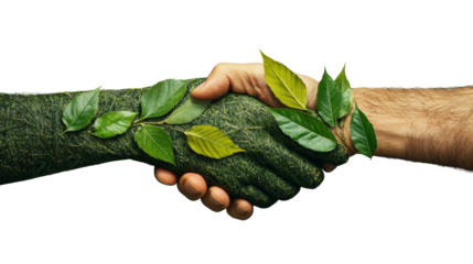Two hands shaking, one is made of green leaves, symbolizing sustainability, eco-friendly approach and unity with nature. Image isolated on transparent background, PNG cutout. 