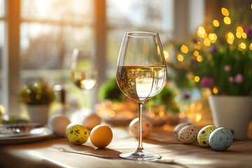 Easter table setting with colored eggs, spring flowers, and a white wine glass on the wooden surface of an Easter dining room table