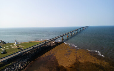 Fototapeta premium Confederation Bridge (French: Pont de la Confédération) is a box girder bridge carrying the Trans-Canada Highway across the Abegweit Passage of the Northumberland Strait, aerial view