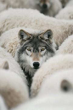 Wolf hidden among sheep in snowy backdrop