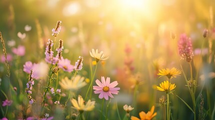 A vibrant field of wildflowers glowing in the warm light of dawn, capturing the essence of nature's beauty and tranquility