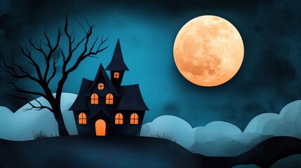 Spooky haunted house silhouette against a full moon and dark sky.