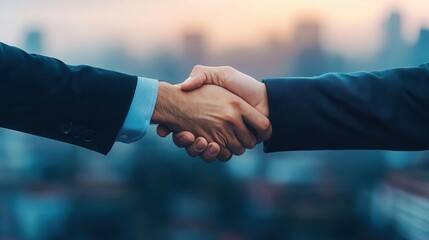 Business partners shaking hands over a table with global financial reports, city view, international business agreement, capital investment