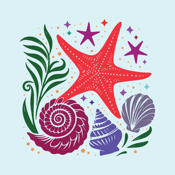 Starfish, Coral, wave. Bunch of Sea shell