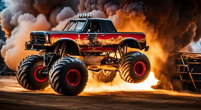 monster truck with fiery explosive pyrotechnics