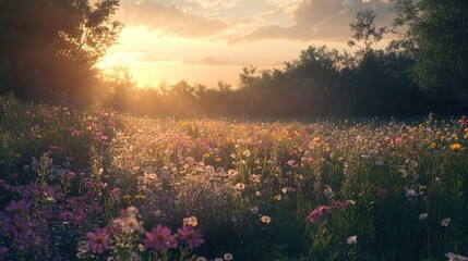 Colorful wildflower meadow at sunset with a large tree overlooking rolling hills in a tranquil landscape