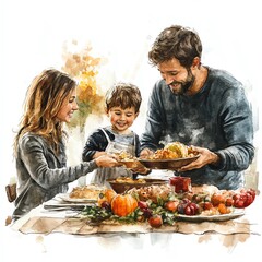 Family passing dishes during Thanksgiving dinner, joyful expressions, watercolor illustration, autumn color palette, isolated on white background