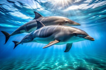 Two dolphins swimming gracefully under sunlight