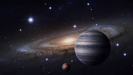 A photo of a cosmos landscape with stars and planets. There are many bright stars in the background. In the foreground is a planet with a blue and white striped pattern. 