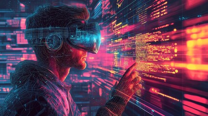 Man Explores Metaverse with AR Glasses, Immersive Technology