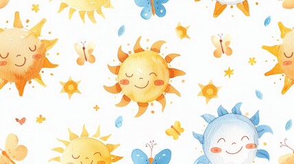 Colorful illustration of suns and clouds pattern