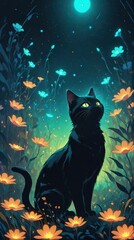 A cat silhouetted against a field of glowing bioluminescent flowers, phone wallpaper, phone background