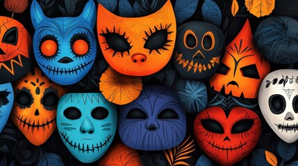 Vibrant Halloween-inspired masks featuring colorful designs and spooky themes.