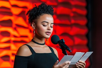A person using cue cards while giving a speech, focusing on maintaining eye contact with the audience