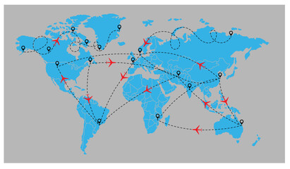 flight line paths going across blue world map, flying white airplanes routes vector illustration