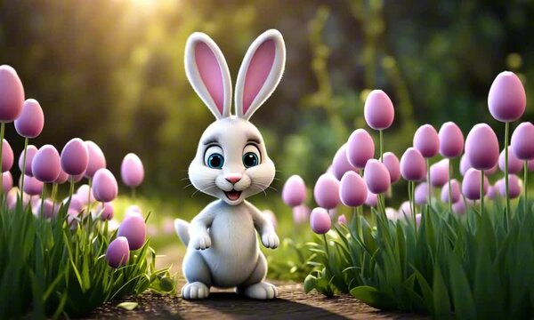 3d easter bunny cartoon character mascot in pink tulip garden digital art