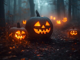 Dark forest with fog and pumpkin lanterns