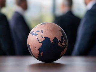 Business team discussing global financial strategy, digital globe display, modern office, global investment network, capital planning