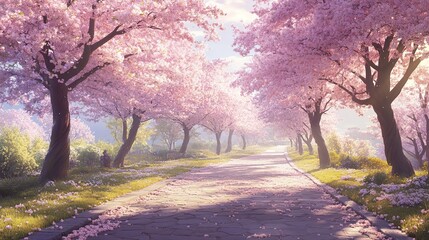 A serene pathway lined with cherry blossoms in spring, creating a picturesque scene of nature’s beauty at dawn