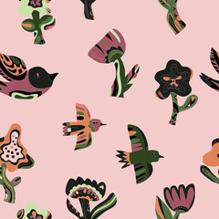 Flowers and birds stylized folk art elements Vector seamless overlapping pattern