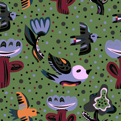 Flowers and birds stylized folk art elements Vector seamless overlapping pattern