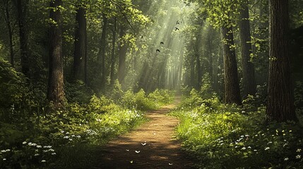 Obraz premium Lush green forest path with sunlight filtering through trees and wildflowers blooming in springtime