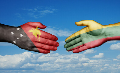Lithuania and Papua New Guinea country handshaking with flags, consensus concept international co-operation illustration
