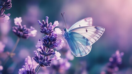 Naklejka premium A purple butterfly perches on fragrant lavender blooms, its delicate wings illuminated by gentle sunlight. The scene captures the tranquility of nature in full bloom
