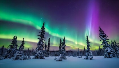 Fototapeta premium Vibrant aurora borealis lighting up a snowy forest landscape during the winter night in the northern wilderness. Generative AI