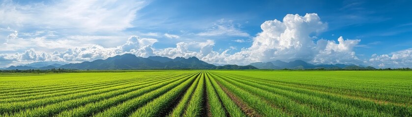 Expansive green field with rows of crops under a blue sky with puffy clouds.