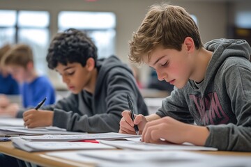 Concentrated students engaged in writing at desks
