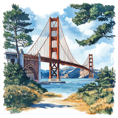 Watercolor Golden Gate Bridge Vector Illustration Transparent Background With PNG file