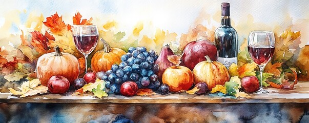 Fototapeta premium Thanksgiving table with harvest vegetables, vibrant autumn colors, festive setting, Watercolor style
