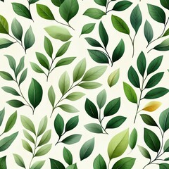 A seamless pattern of various green leaves on a light background, perfect for nature-themed designs and decor.