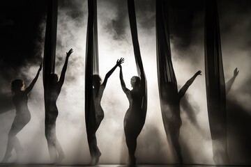 Spectral entertainers on stage, Forest spirits dance, Ethereal acrobats in moonlight