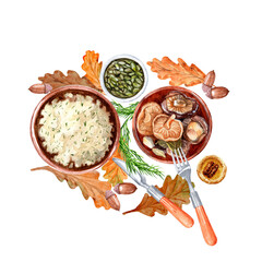 Hand drawn set of autumn meal Aquarelle set of homemade food