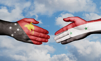 Syria and Papua New Guinea country handshaking with flags, consensus concept international co-operation illustration