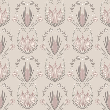 Delicate, hand-drawn botanical pattern with intricate floral motifs in neutral soft beige, pink, and muted green tones. Symmetrical design combines vintage charm with a tranquil, natural aesthetic.