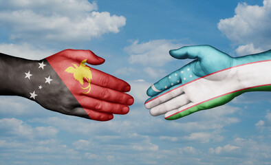 Republic of Uzbekistan and Papua New Guinea country handshaking with flags, consensus concept international co-operation illustration