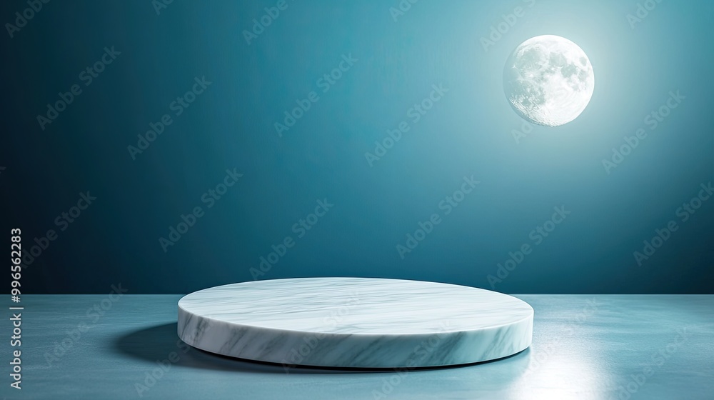 Poster a serene marble platform illuminated by a bright moonlight, creating a calming and minimalistic atmo