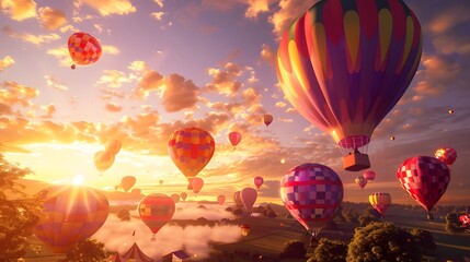 Obraz premium Bright Sky with Colorful Hot Air Balloons at Sunrise