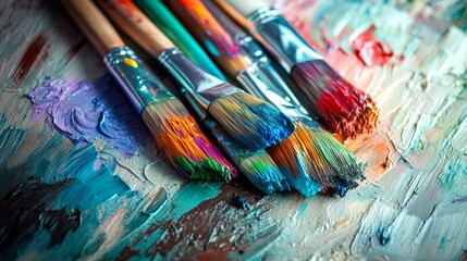 Fototapeta premium A collection of bright paintbrushes lies on a wooden table, covered in a variety of colorful, smeared paint, reflecting the essence of artistic creativity and inspiration
