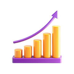 A vibrant 3D render of a bar chart with ascending columns in yellow and orange, complemented by a purple line arrow indicating growth.
