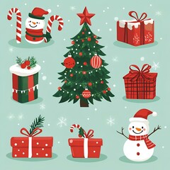 Festive Christmas Tree with Snowmen and Gifts Illustration for Holiday Season.
