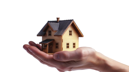 A miniature simple house holding hands. In the background of transparency