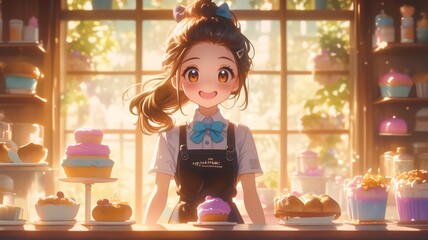 パン屋で働くアニメ調の日本人美少女